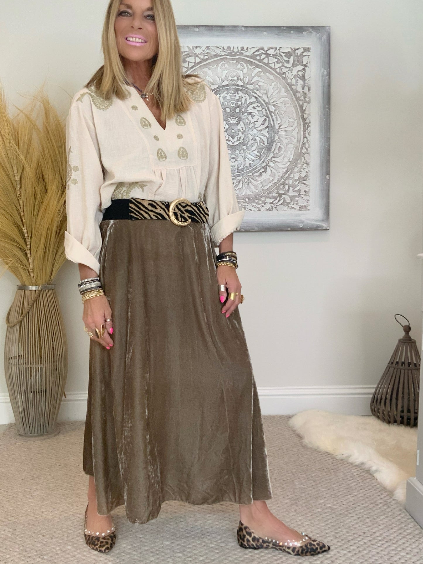 Evie Velvet Maxi Skirt Taupe