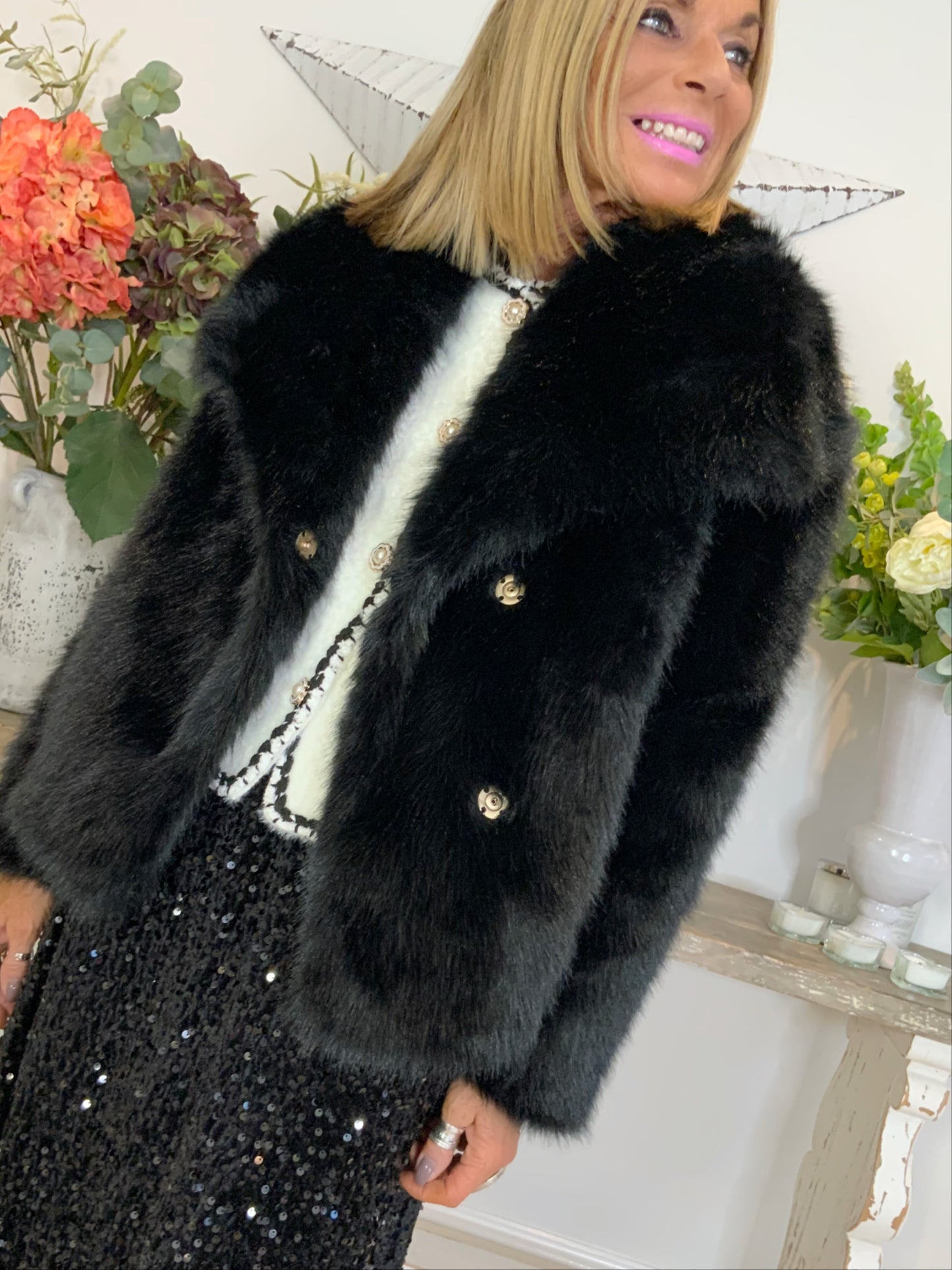 Luxe Double-Breasted Collar Faux Fur Jacket