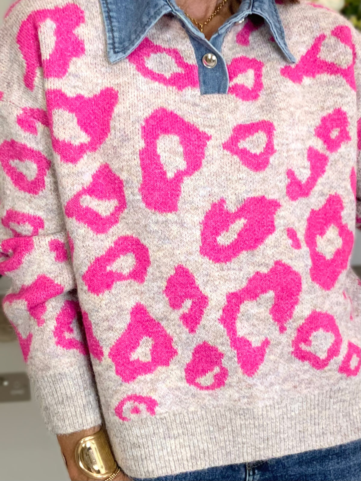 Denim Collar Animal Print Jumper
