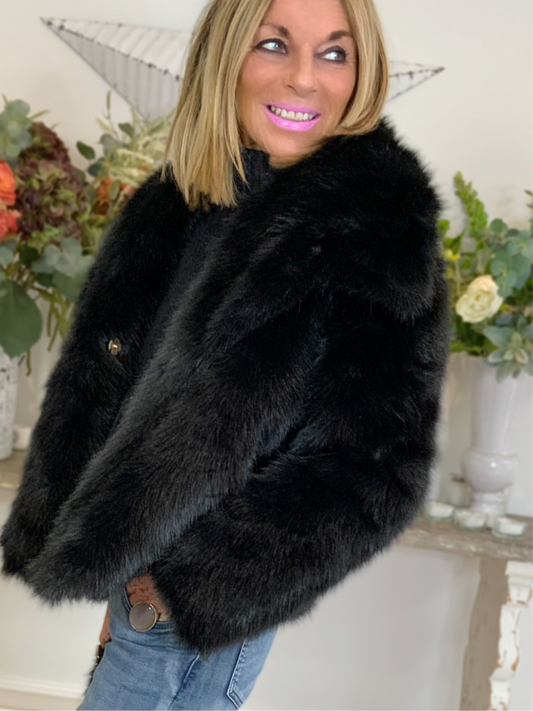 Luxe Double-Breasted Collar Faux Fur Jacket