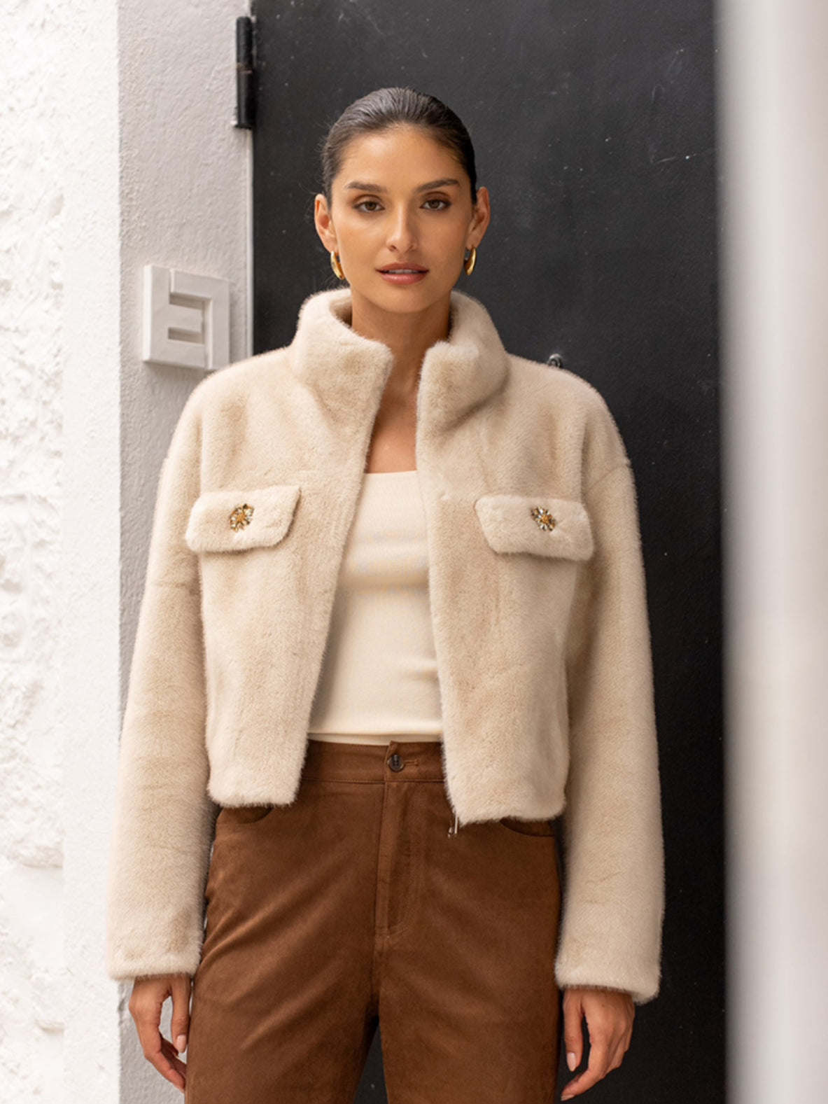 Faux Fur Jacket With Statement Buttons