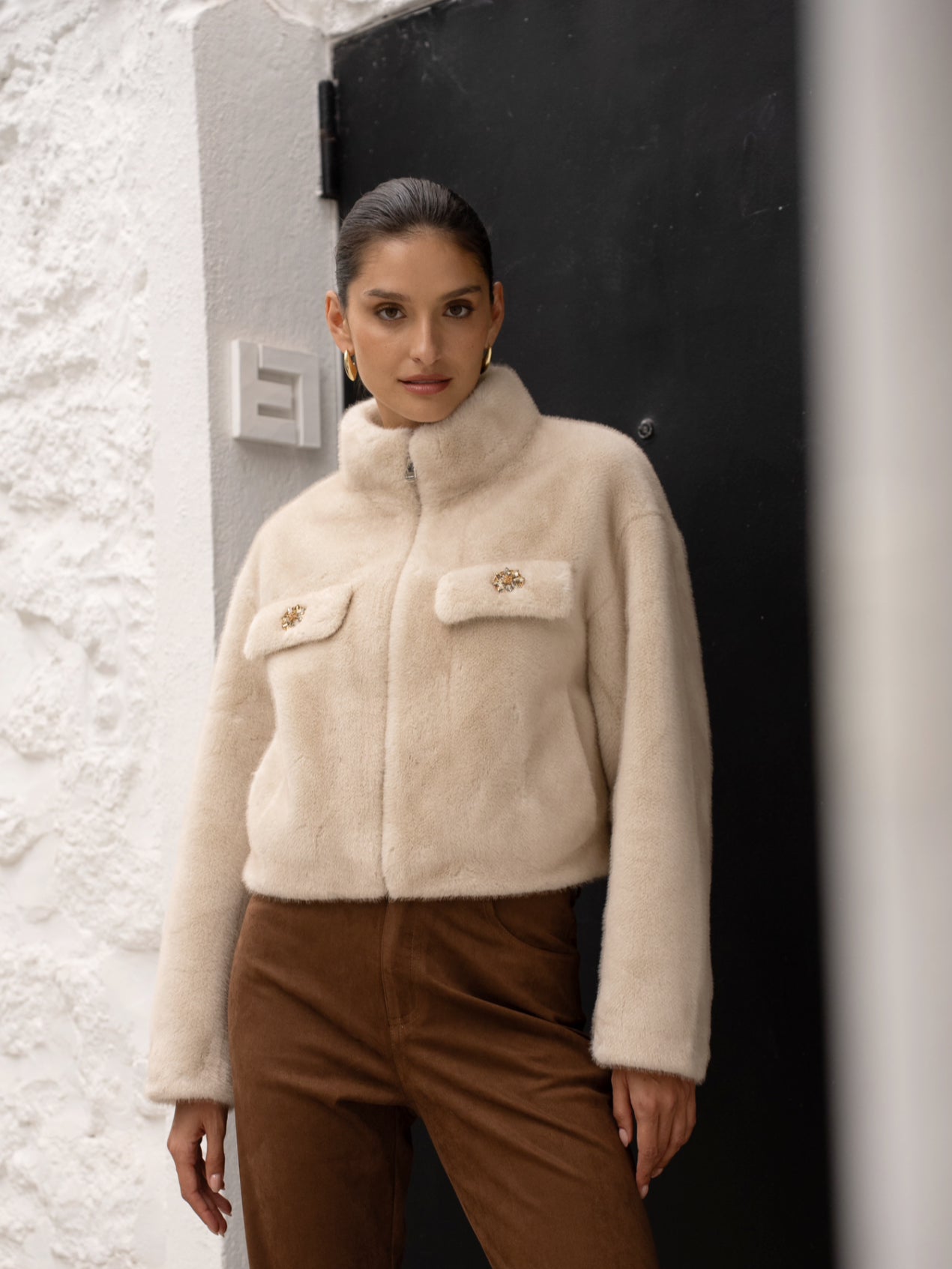 Faux Fur Jacket With Statement Buttons