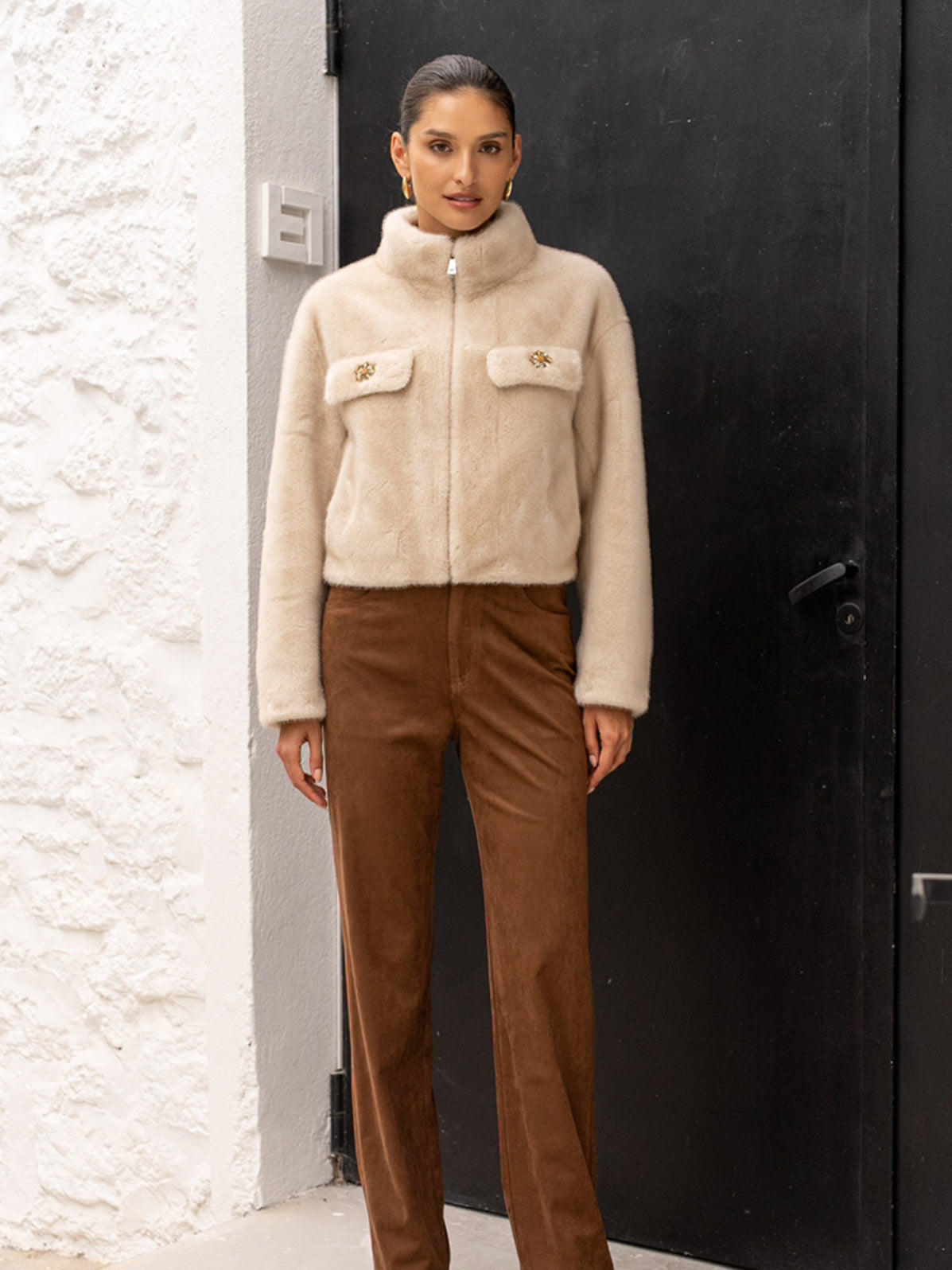 Faux Fur Jacket With Statement Buttons