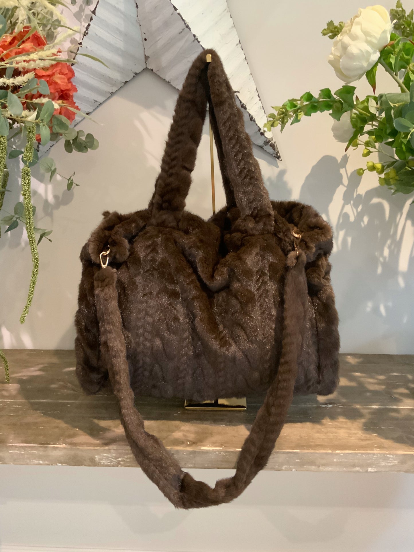 Cable Faux Fur Tote Bag