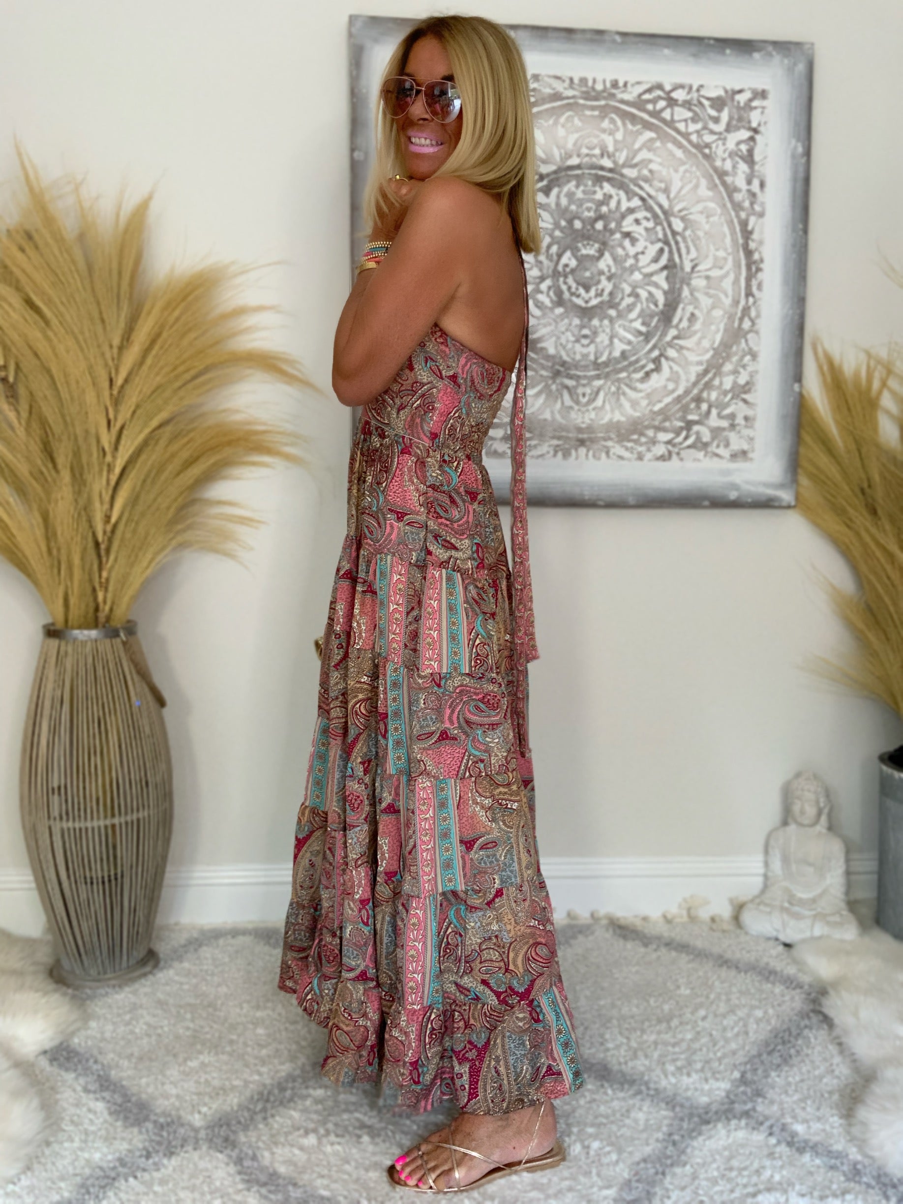 loft halter maxi dress Loft Floral Tucked Maxi Halter Dress Size Large Coca Bliss Women's